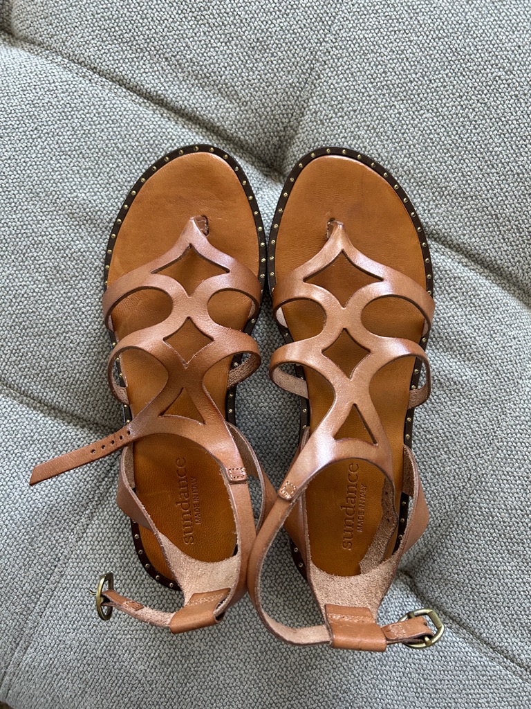 Sundance Tan Leather Cutout Sandals With Stud Trim